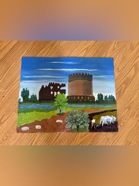 Hand Crafted Landscape Painting in Blue, Green, Brown